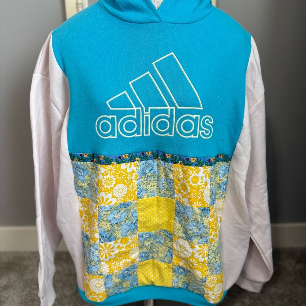 Upcycled Blue and Yellow athletic Hoodie, quilt accents, size XL